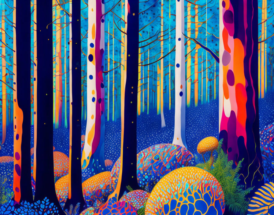 Colorful Patterned Trees in Blue, Purple, and Orange Forest at Night