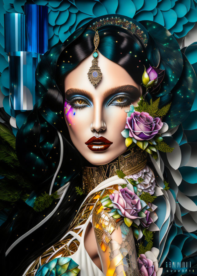 Vibrant digital portrait of stylized woman with intricate makeup and jewelry