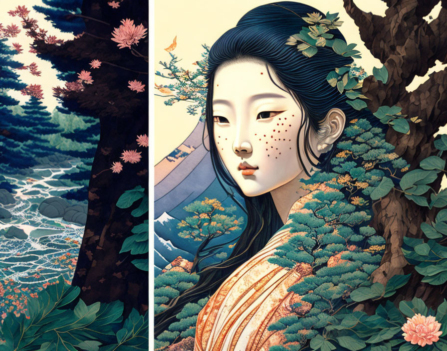 Illustrated portrait of woman merged with nature scene and vibrant river, trees, flowers