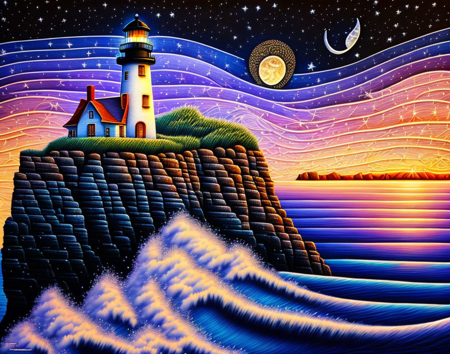 Lighthouse painting with starry skies, moon, and whimsical crescent moon