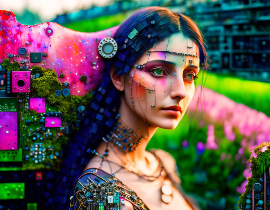 Vibrant digital artwork featuring female android with human-tech fusion on green backdrop