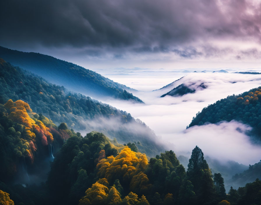 Autumn Forests on Misty Hills with Dramatic Cloudy Sky