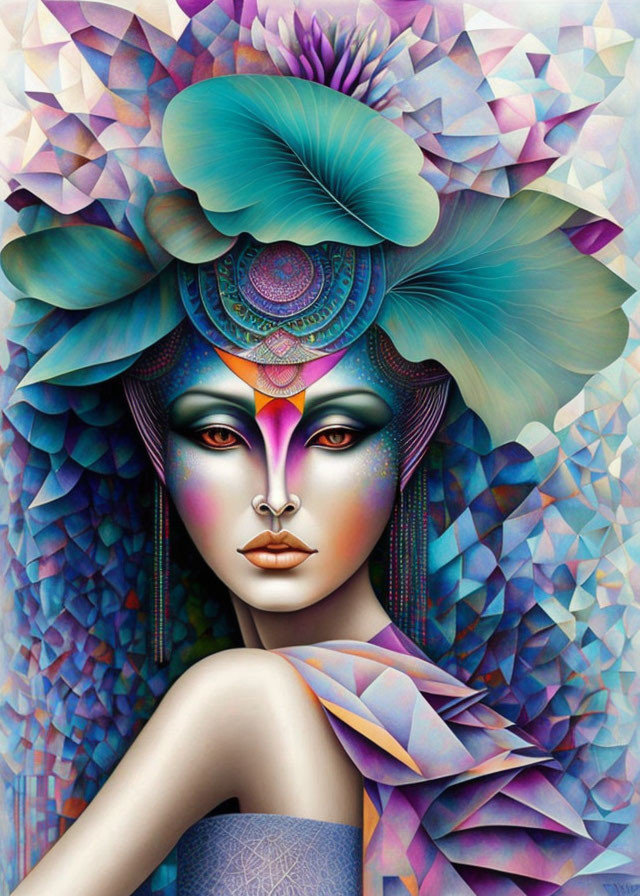 Colorful digital artwork: Woman with intricate headdress & geometric patterns