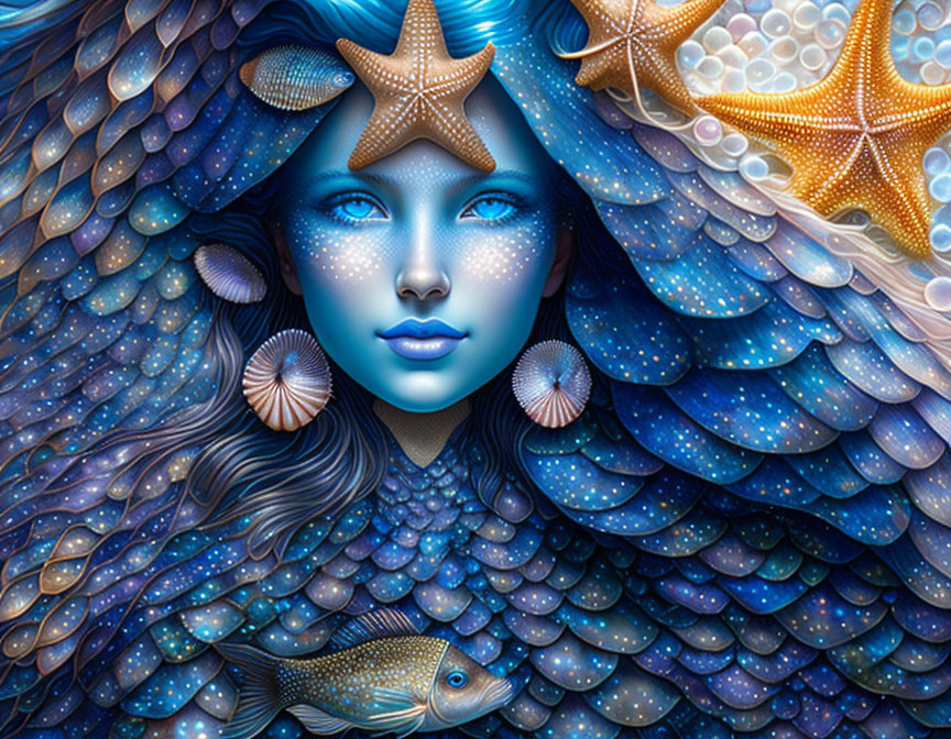 Vibrant illustration of woman with blue skin and ocean-themed elements