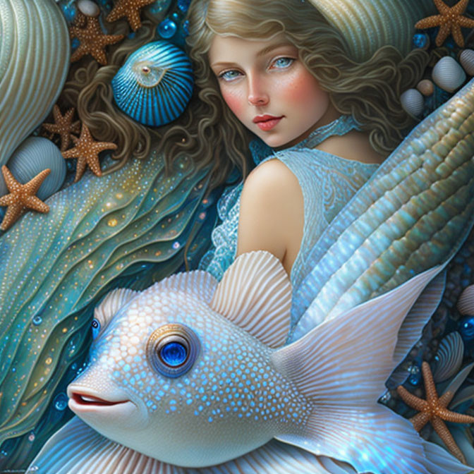 Fantasy illustration of woman with fish traits in enchanting undersea scene