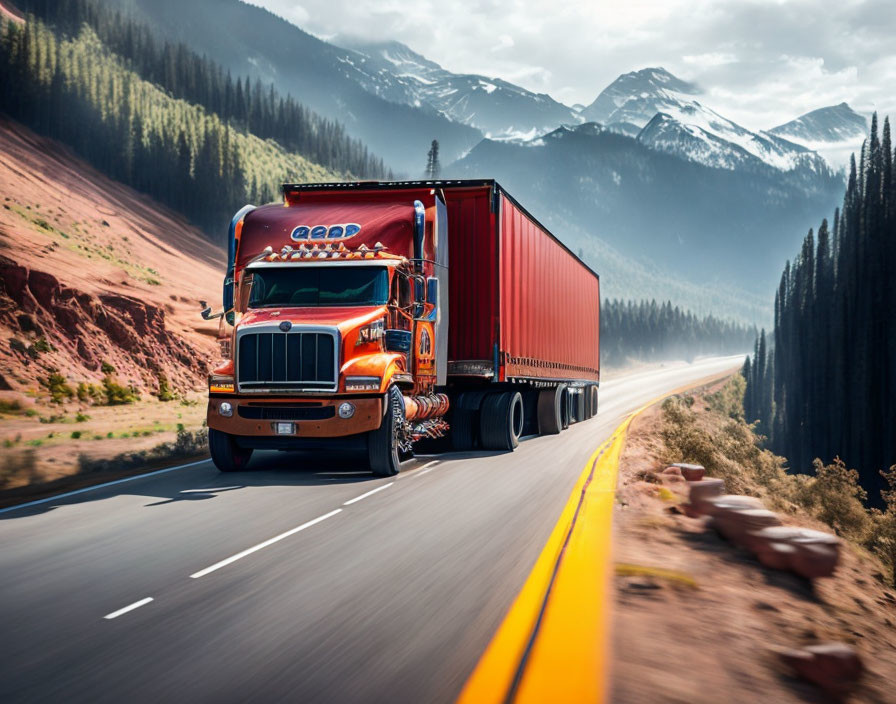 Red semi-truck on highway in mountain landscape