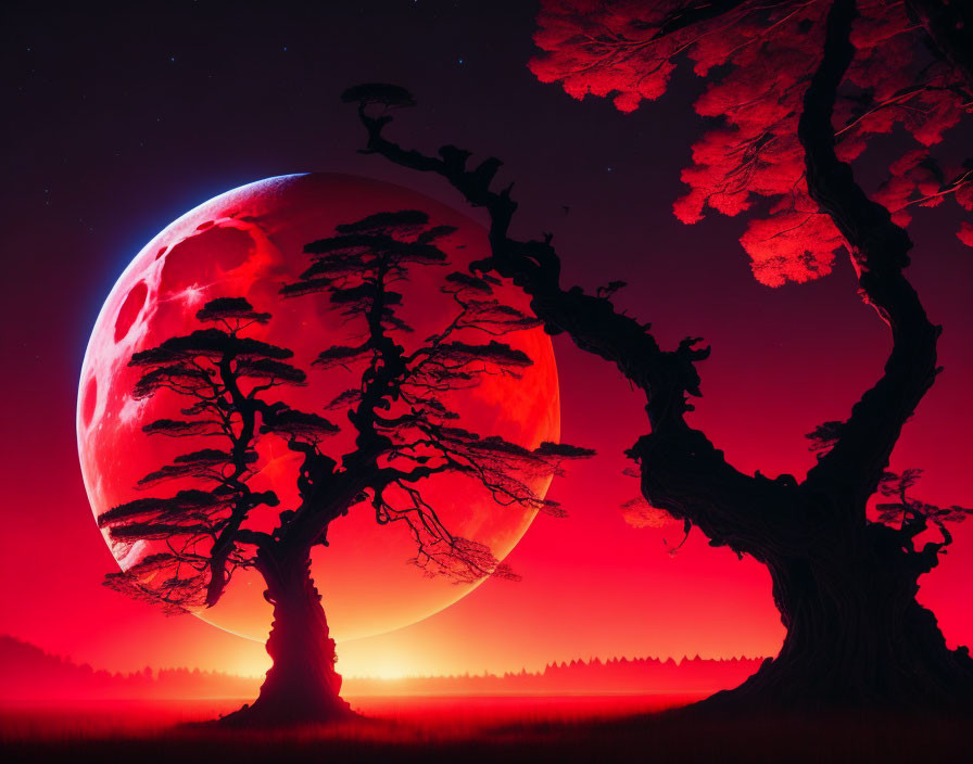 Surreal landscape with silhouetted trees, red sky, and large glowing moon