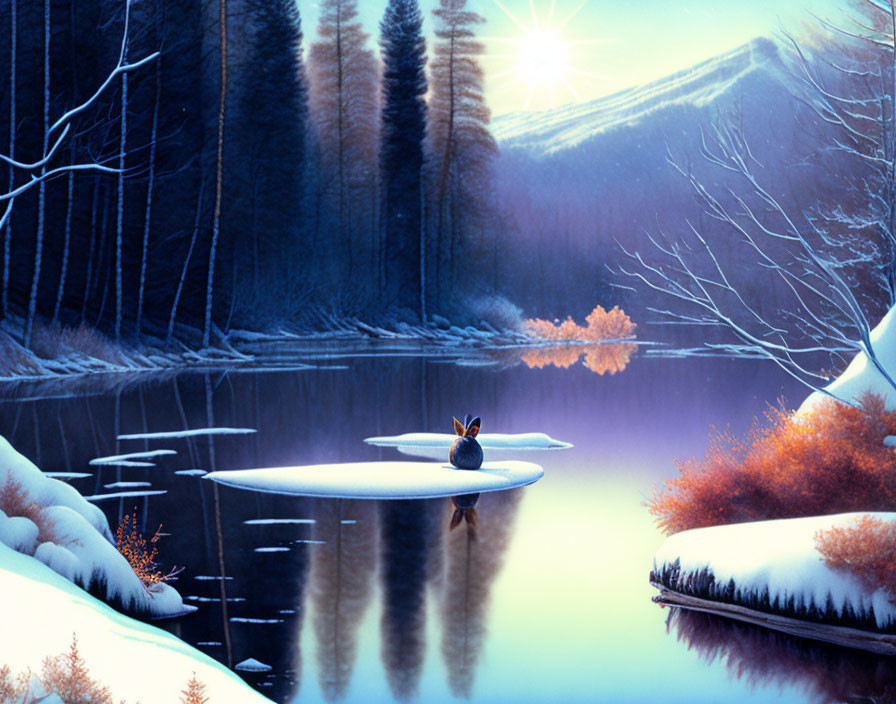 Tranquil winter landscape with lake, snow-covered trees, mountains, and fox