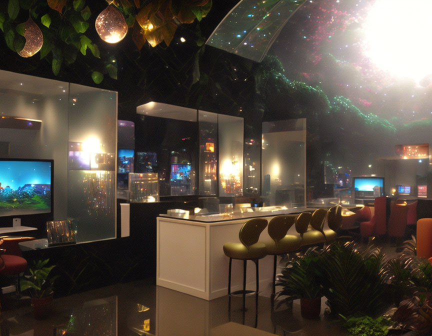 Modern upscale office with green plants and golden lights under starry night sky