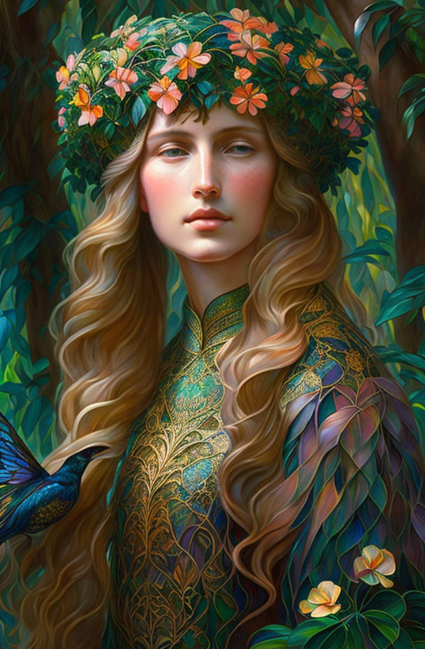 Woman with floral wreath and golden hair in nature setting with iridescent feather-like patterns