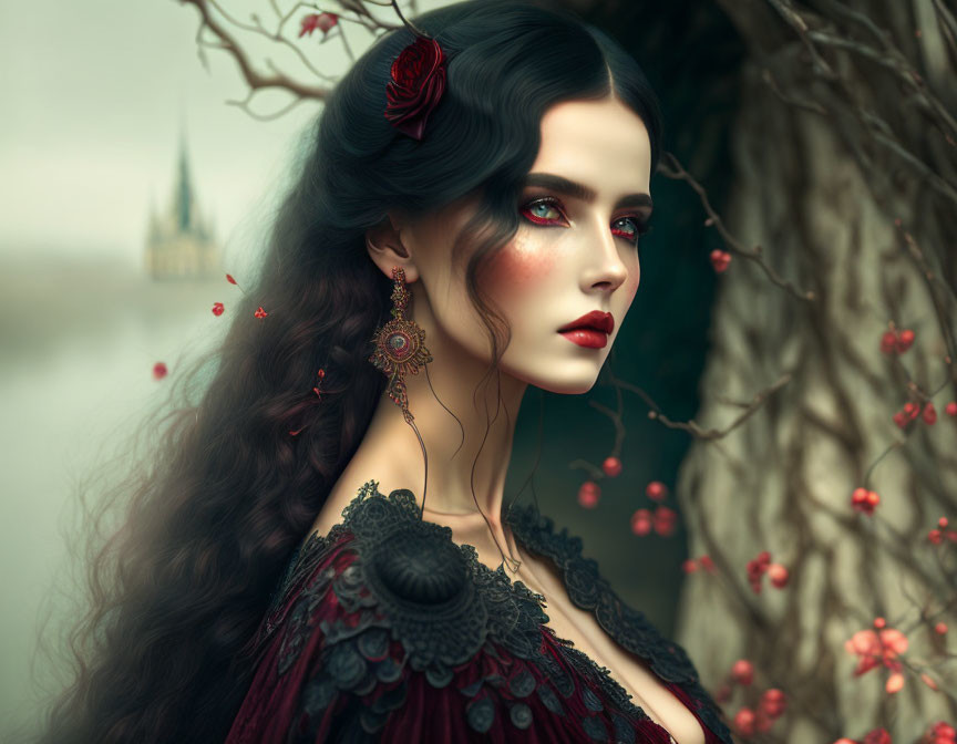 Digital artwork featuring woman with dark hair, red lipstick, black dress, rose hairpiece, near tree