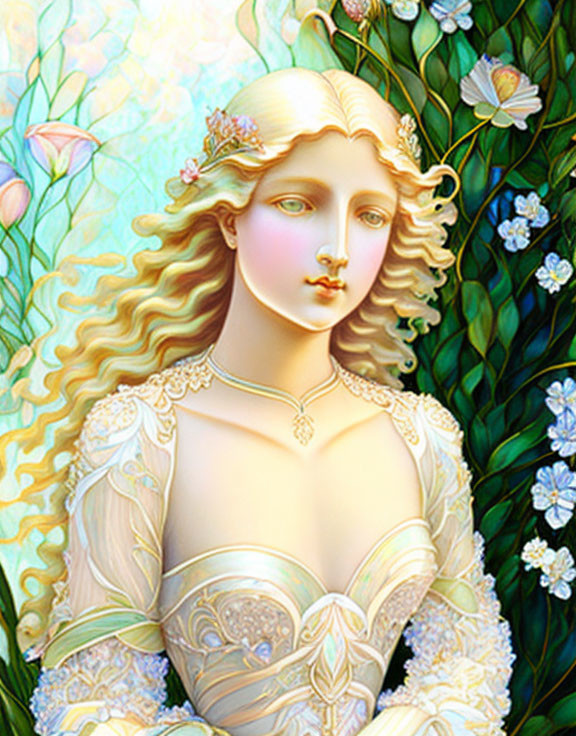 Detailed illustration of woman with golden hair, floral dress, nature motifs on floral backdrop