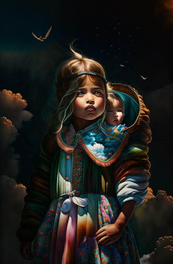 Blonde girl with doll in dark sky scene