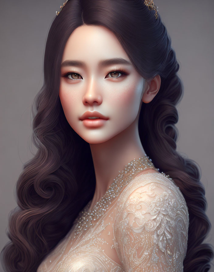 Illustrated Woman with Wavy Hair and Off-Shoulder Dress