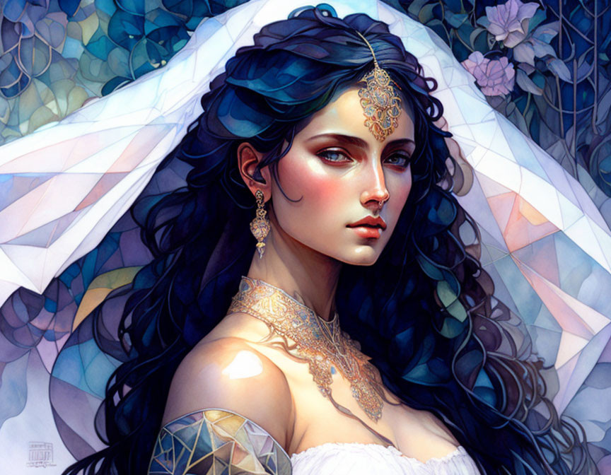 Dark-haired woman with gold jewelry and tattoos in ethereal digital art