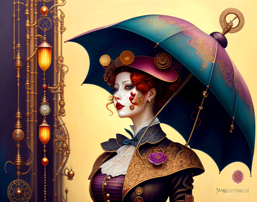 Stylized illustration of woman with red curly hair in steampunk outfit