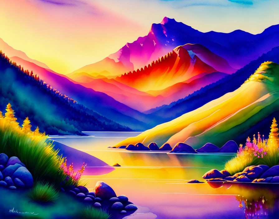 Scenic landscape painting with purple and orange sunset hues, serene lake, hills, and mountains.