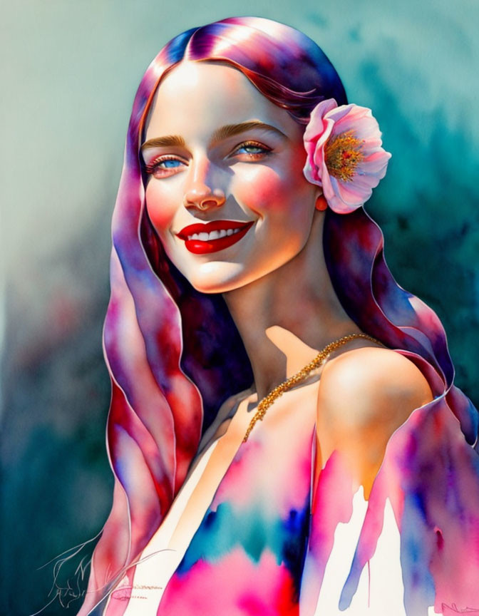 Colorful portrait of a smiling woman with flowing hair and a flower, vibrant pink and blue hues