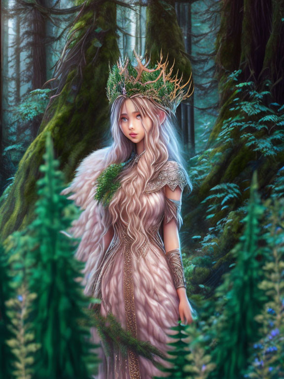 Silver-haired woman with branch crown in elegant dress in forest