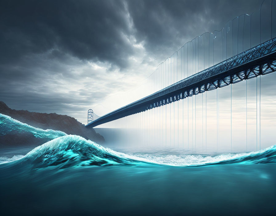 Surreal bridge over undulating waves under stormy sky