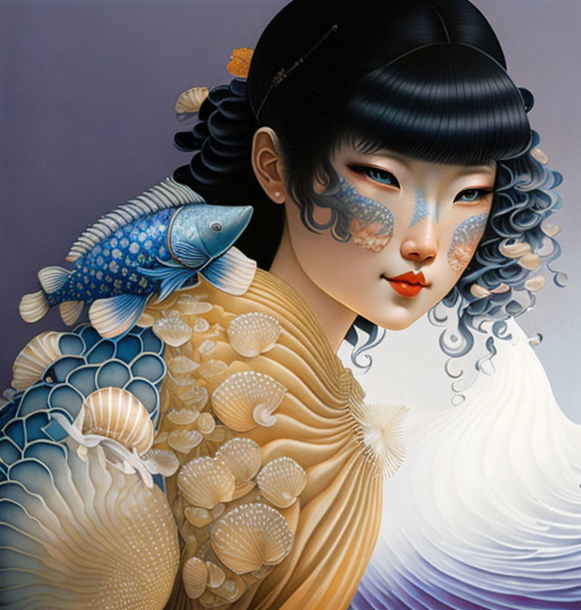 Illustration of woman with fish scales makeup and sea accessories