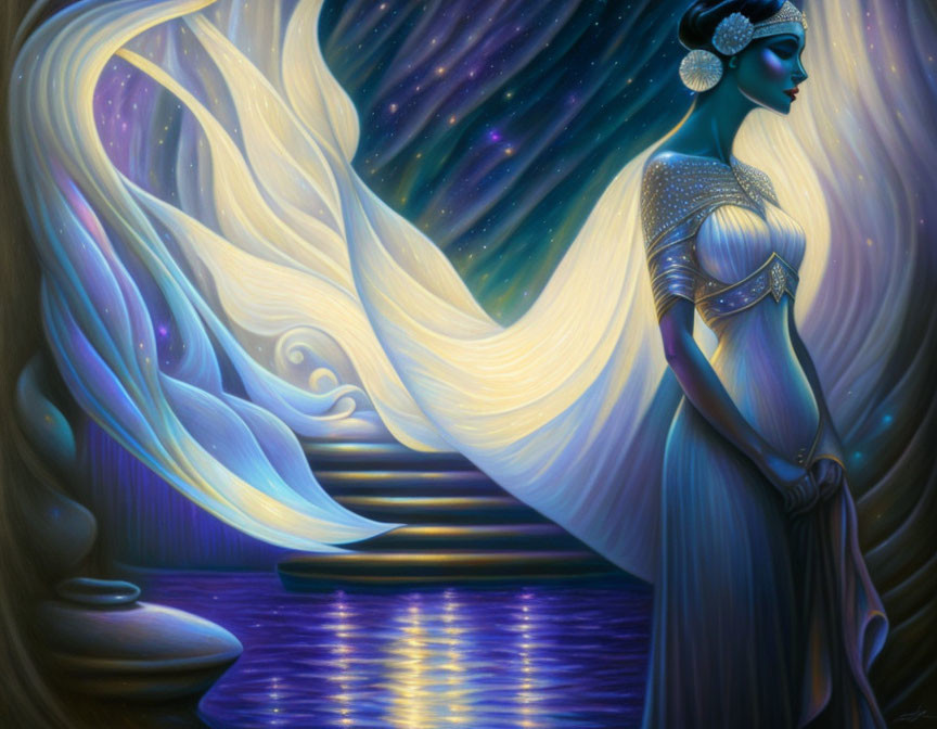 Stylized artwork: Woman in flowing gown merges with starry night sky and serene water