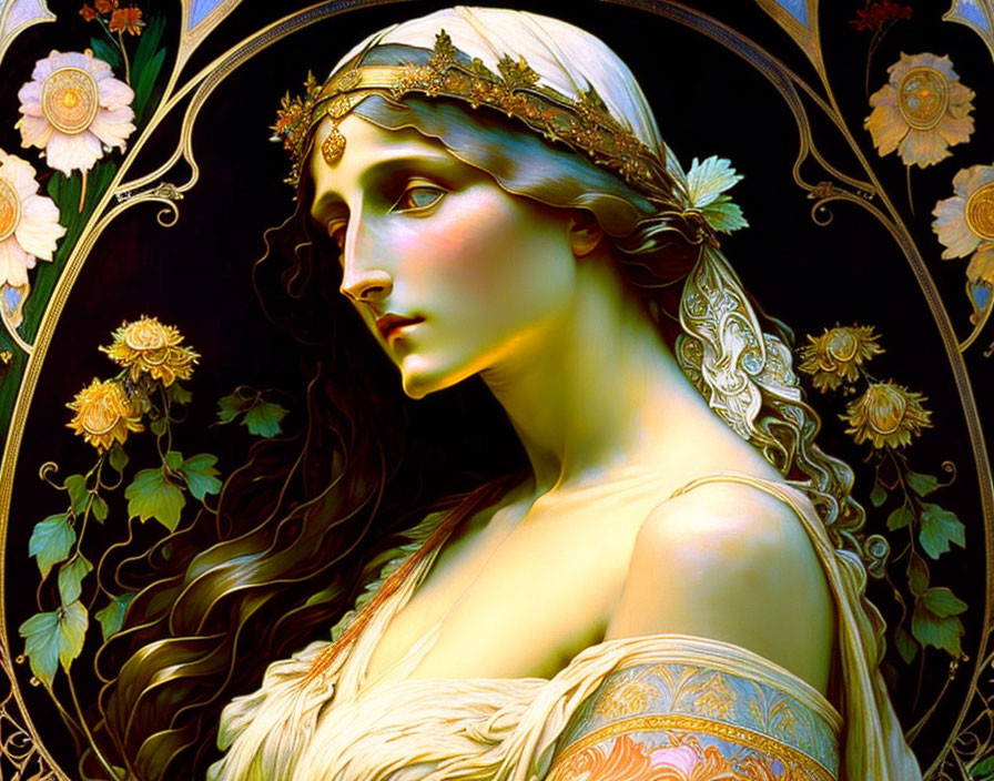 Art Nouveau style painting of woman with laurel wreath and golden flowers