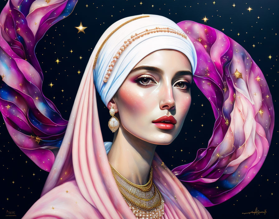 Illustrated woman in cosmic hijab with star adornments.