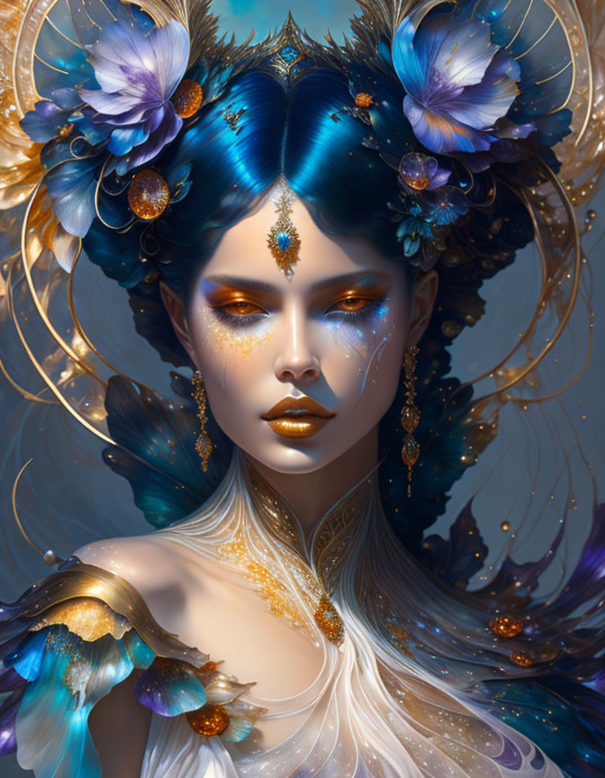 Woman with Blue and Gold Floral Headpiece and Feathered Shoulders