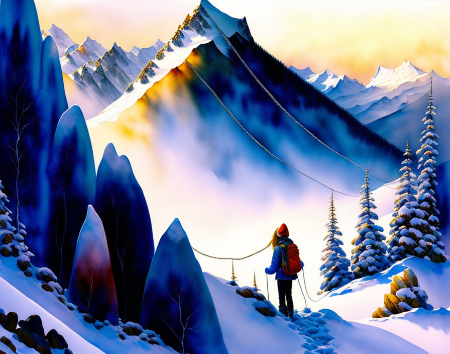 Snowy landscape with backpacker under twilight sky and suspension bridge