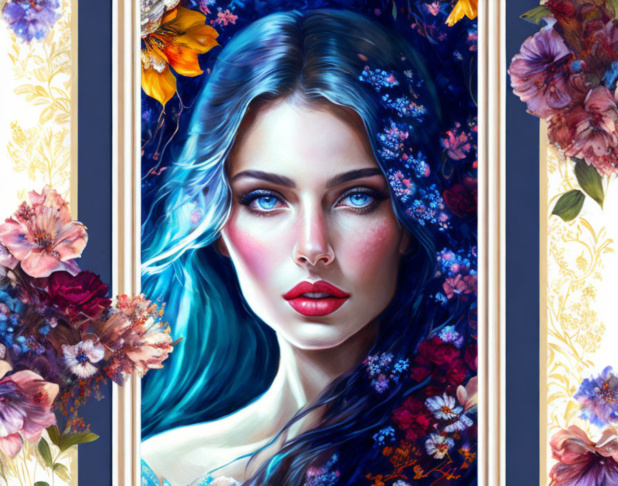 Woman with Blue Hair and Striking Eyes Among Vibrant Flowers in Gold Frame