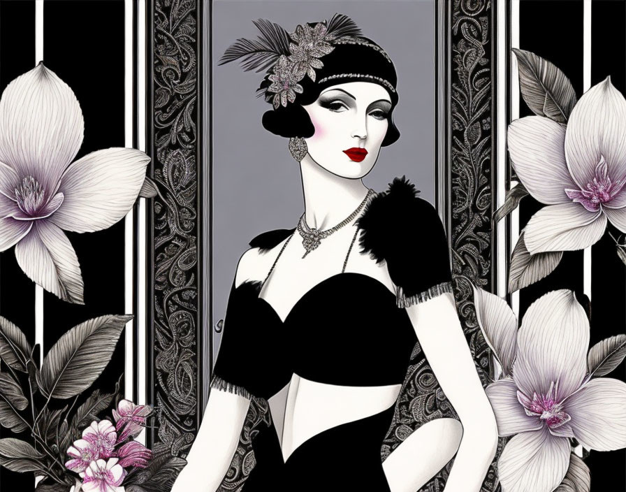 Art Deco Woman Illustration in Flapper Attire with Feather Details