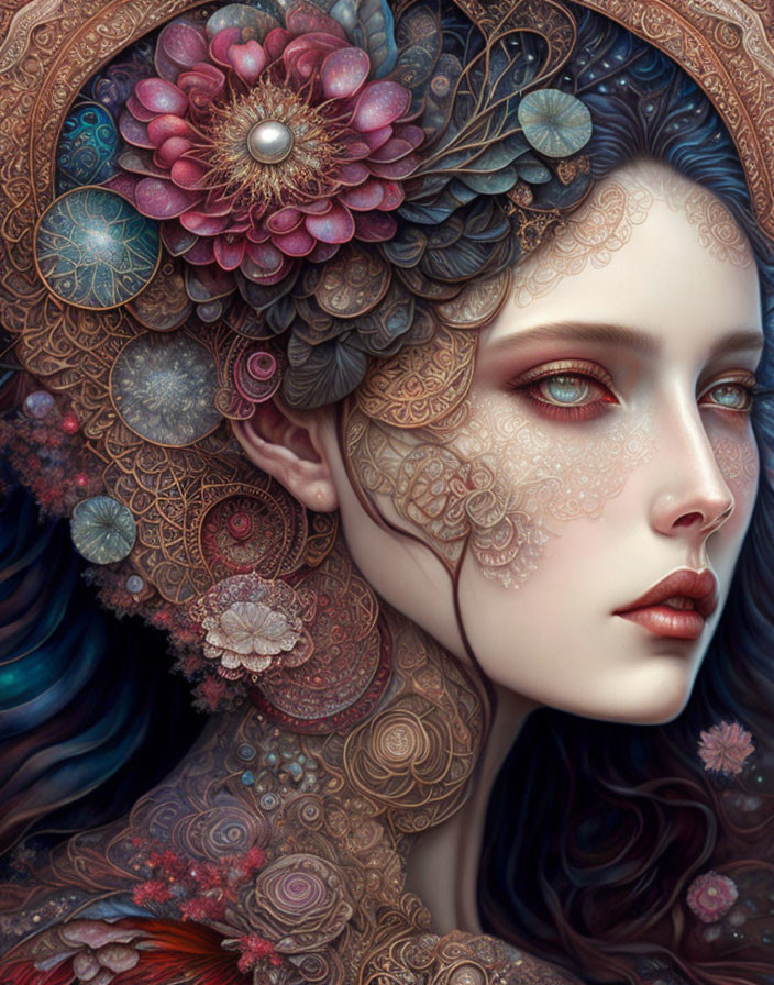 Detailed digital artwork of a woman with red eyes and intricate floral and lace patterns blending with ornate textures