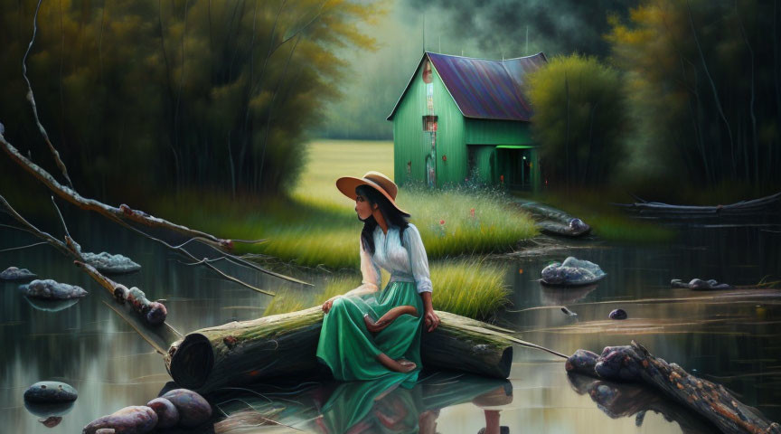 Woman in hat sitting by tranquil river near green house in misty forest landscape