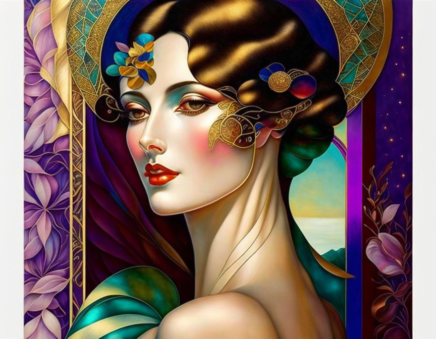 Stylized woman with intricate hair decorations and vibrant colors.