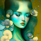 Fantasy portrait of woman with turquoise skin, yellow flowers, feathers, celestial hair glow