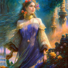 Elegant Woman in Purple and Gold Dress Surrounded by Roses