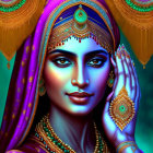 Vibrant digital artwork: Woman with purple, green, and gold hues, exotic and mystical.