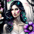 Dark-haired woman with traditional makeup in floral and forest illustration