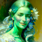 Vibrant digital portrait: Woman with green skin, adorned with leaves and vines