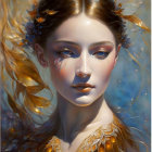 Woman with Flowing Hair and Feathers in Blue and Bronze Tones