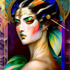 Stylized woman with intricate hair decorations and vibrant colors.