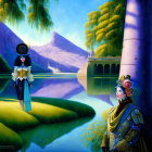 Surreal painting: Two women near iridescent sea, purple column, vibrant landscape, distant