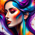 Colorful portrait of a woman with flowing hair and bold makeup