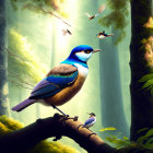 Colorful bird perched in sunlit forest with misty trees