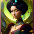 Fantastical portrait of a woman with dark hair and turquoise gem, golden jewelry, burgundy garment