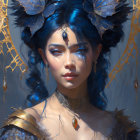 Woman with Blue and Gold Floral Headpiece and Feathered Shoulders