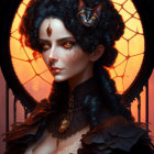 Gothic portrait of a woman with black curls and gold jewelry