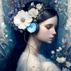 Stylized illustration of woman with blue hair and ornate flowers