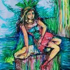 Colorful Watercolor-Style Illustration of Fantastical Female Figure with Elaborate Green Head